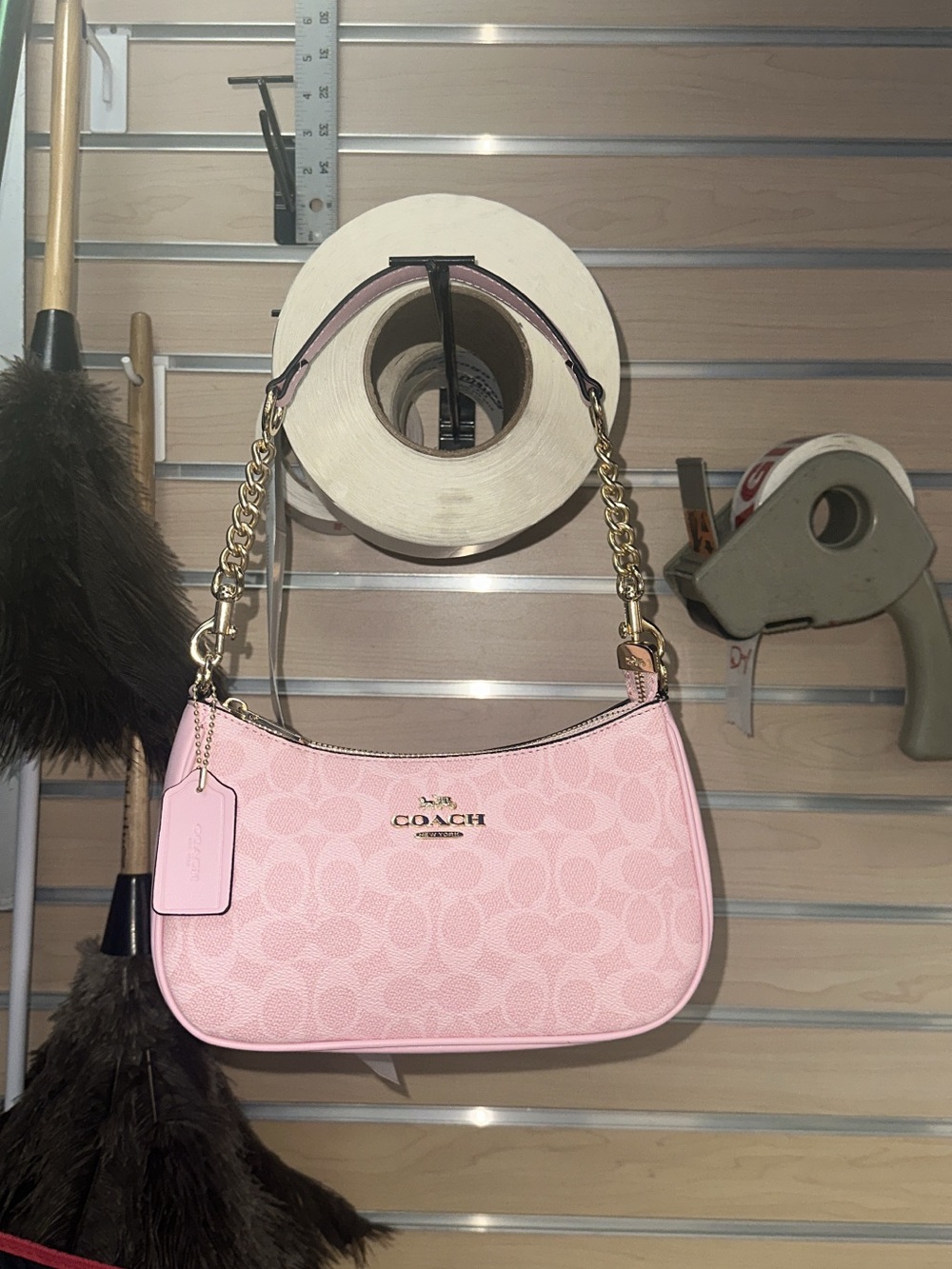 Coach Pink Signature Canvas Shoulder Bag with Gold Chain Strap